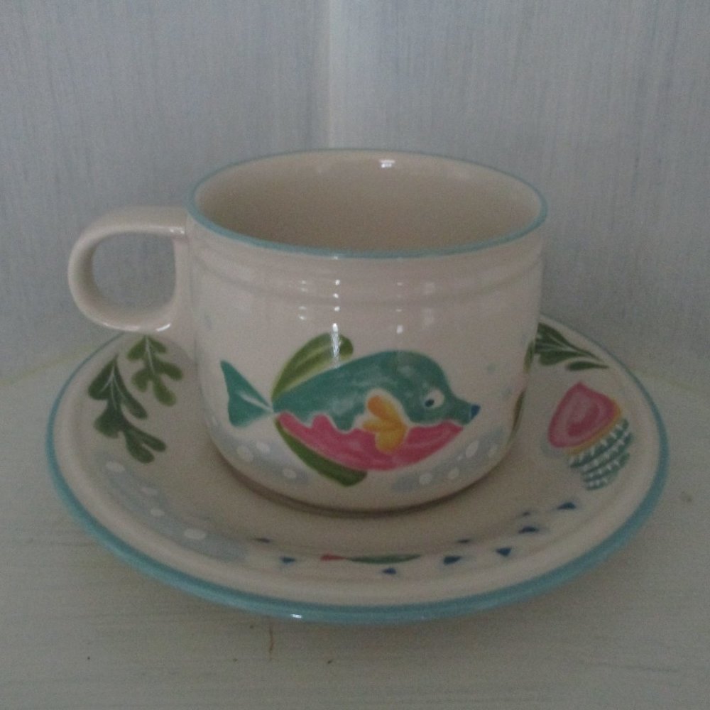 Bundle of 2 Sets - Barrier Reef Cup & Saucers Coastal Fish Seashells